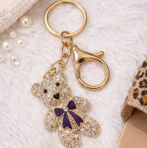 Rhinestone Teddy Bear Keychain | Gold Crystal Bag Charm w/ Dark Blue Bow